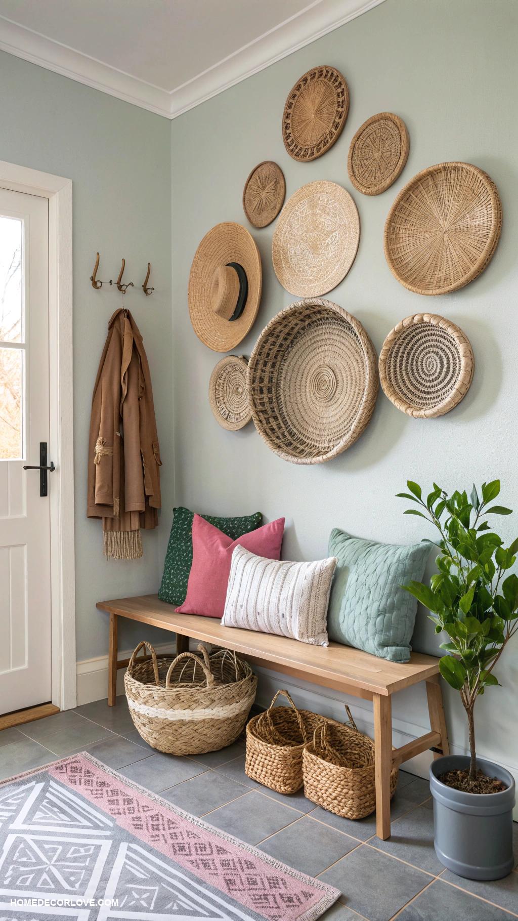 entryway wall decor ideas Woven wall baskets for texture