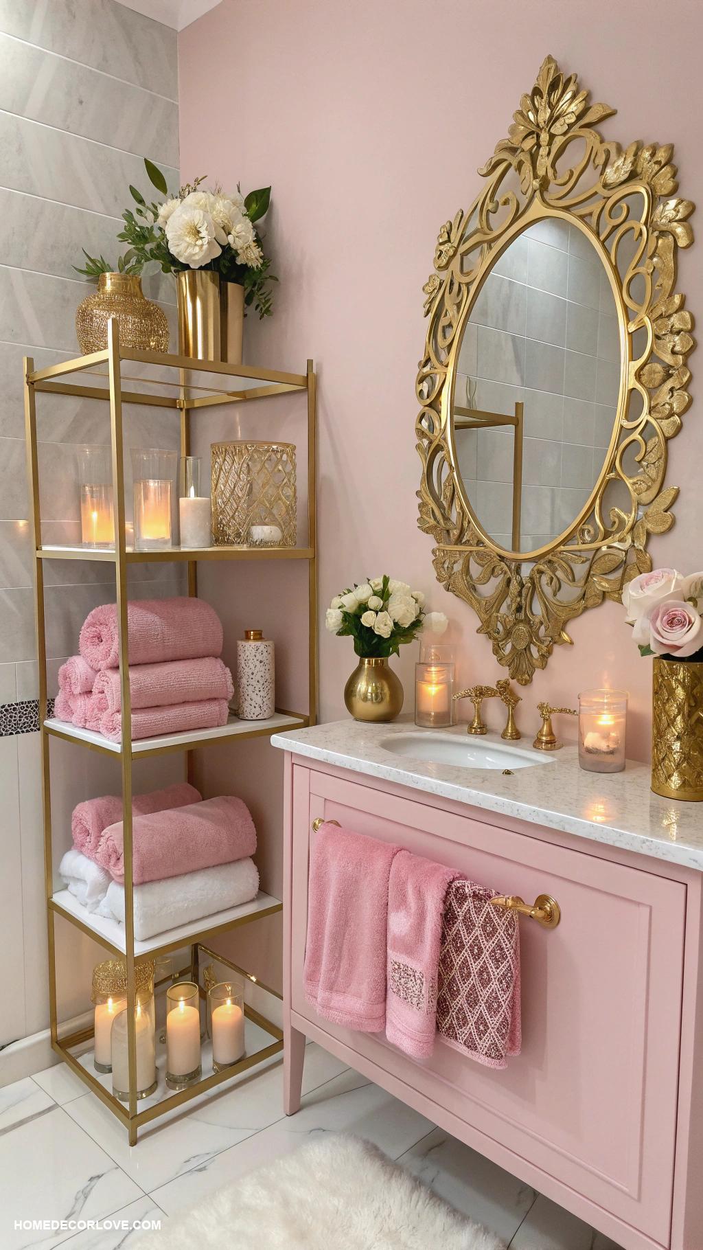 gold and pink bathroom ideas Gold decor items on pink shelves