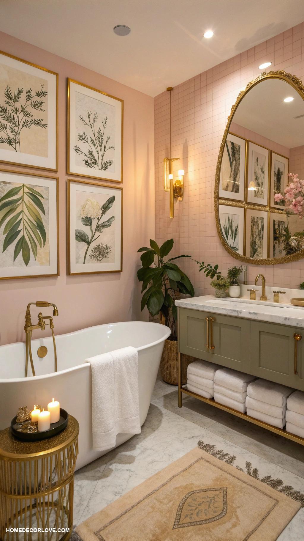 gold and pink bathroom ideas Gold framed art on pink walls