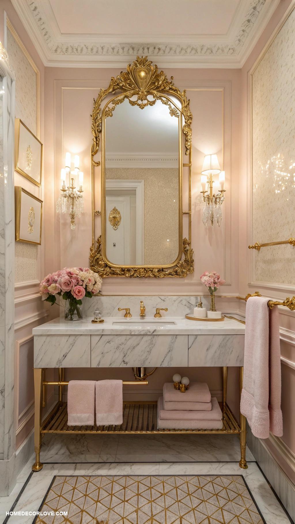 gold and pink bathroom ideas Gold framed mirror with pink accents