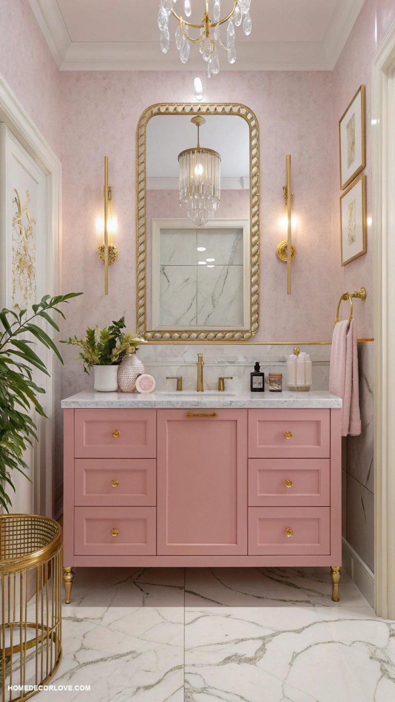gold and pink bathroom ideas Gold light fixtures over pink vanity