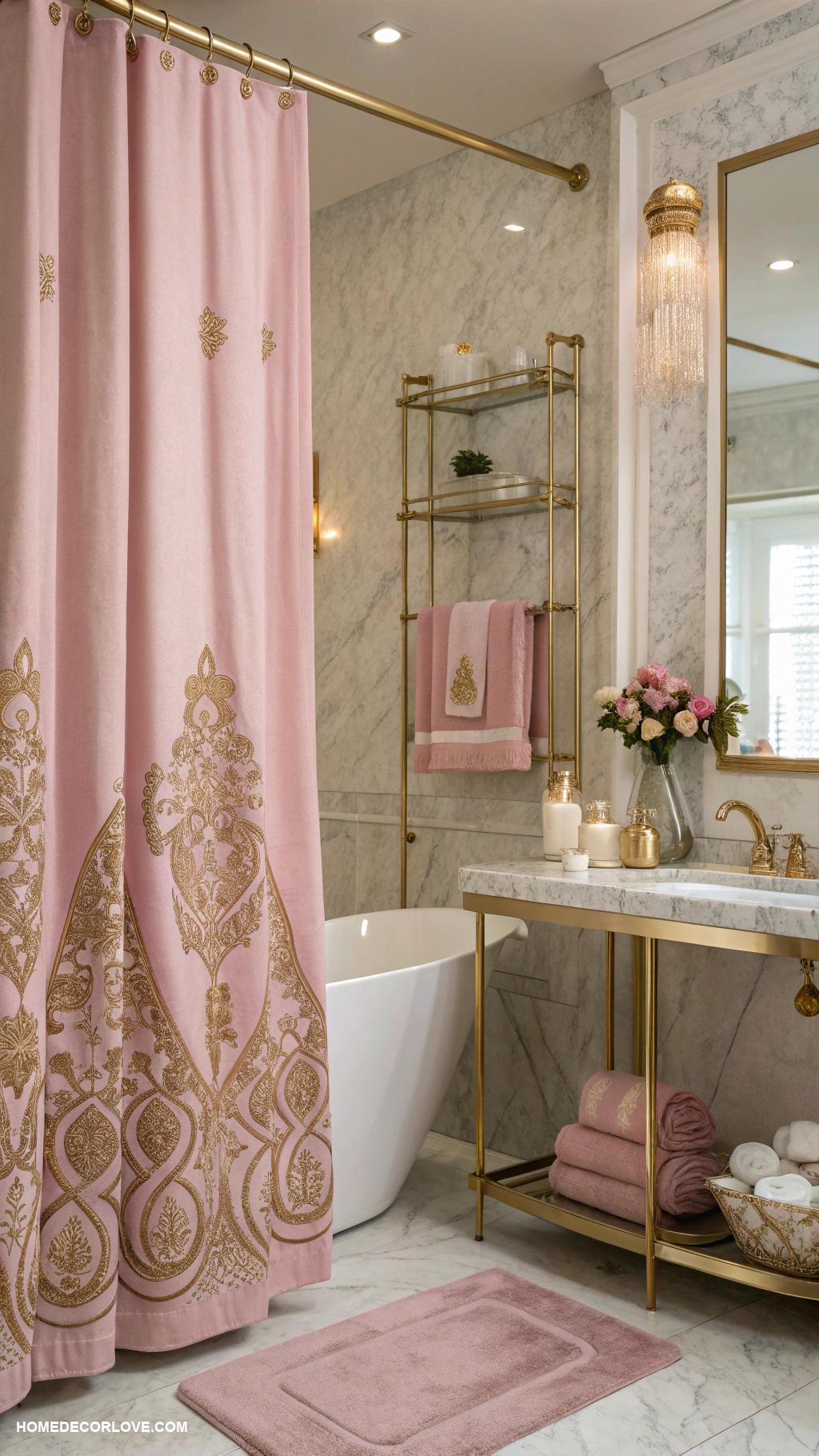 gold and pink bathroom ideas Pink shower curtain with gold patterns