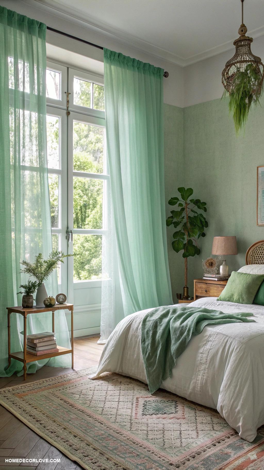 green bedroom ideas Sheer green curtains for natural light
