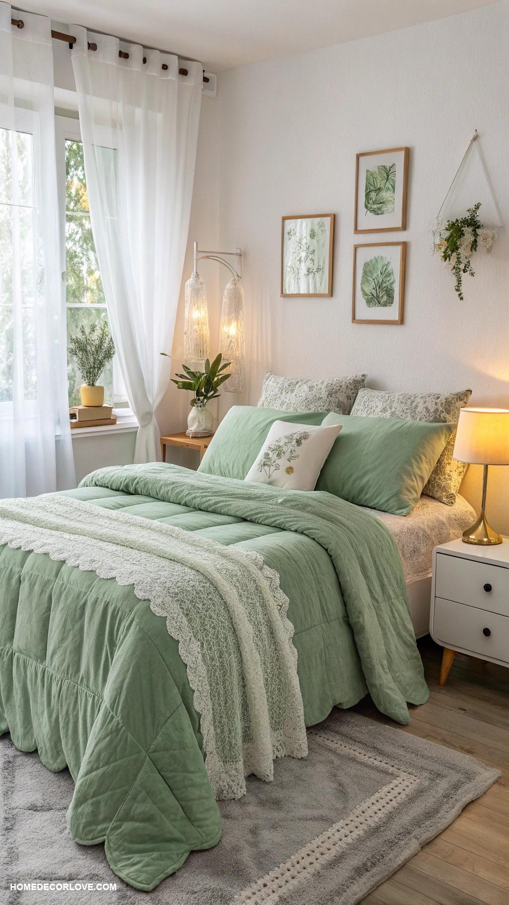 green bedroom ideas Soft green bedding for a cozy vibe