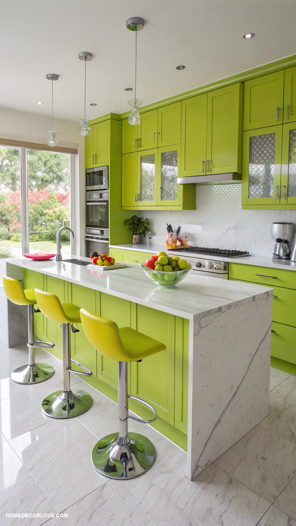 green kitchen cabinets Bright lime green accents for a playful look