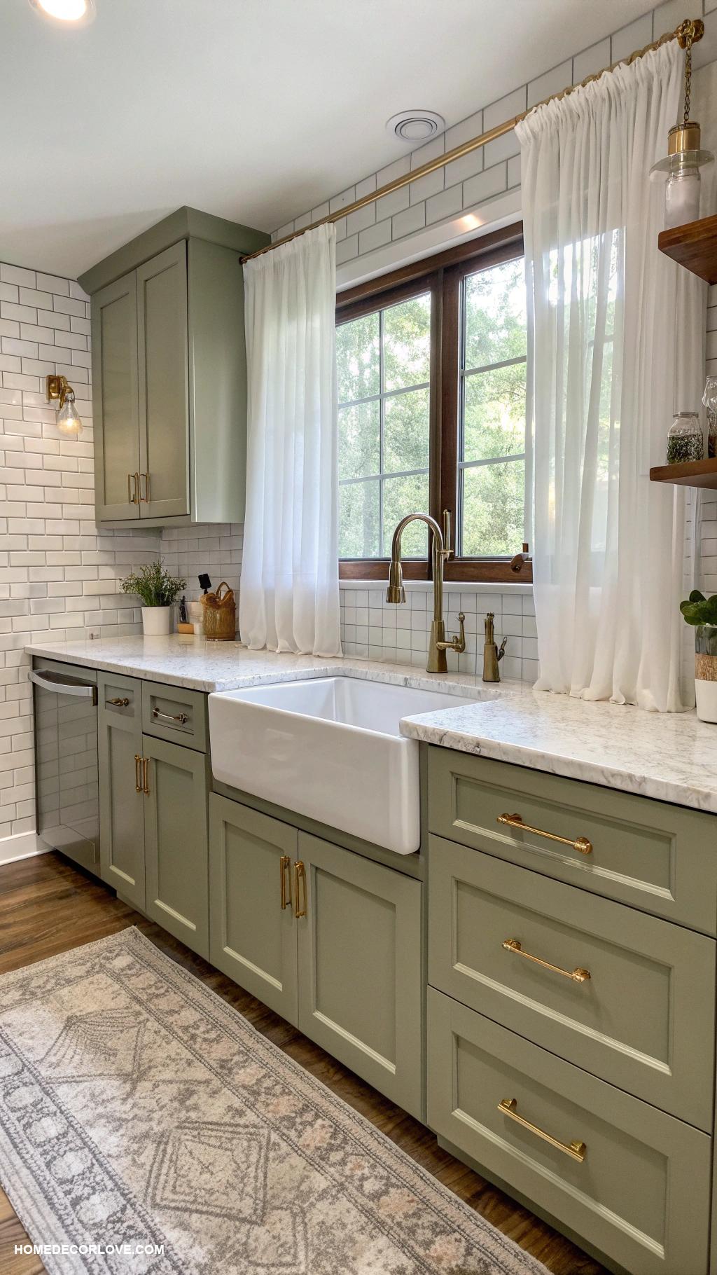 green kitchen cabinets Muted olive green for a warm atmosphere