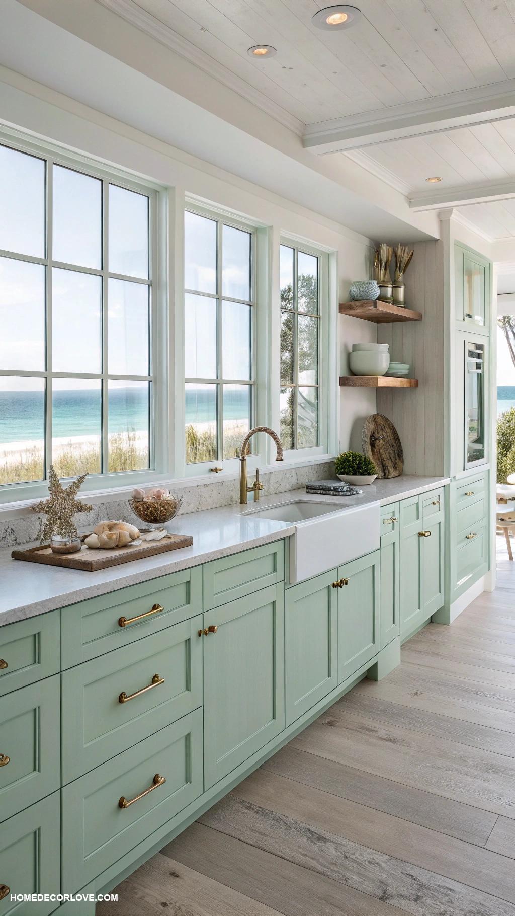 green kitchen cabinets Pale seafoam green for a beachy aesthetic