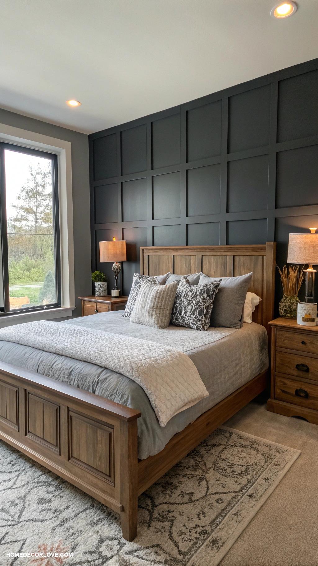 grey bedroom ideas Charcoal grey accent wall with wood furniture