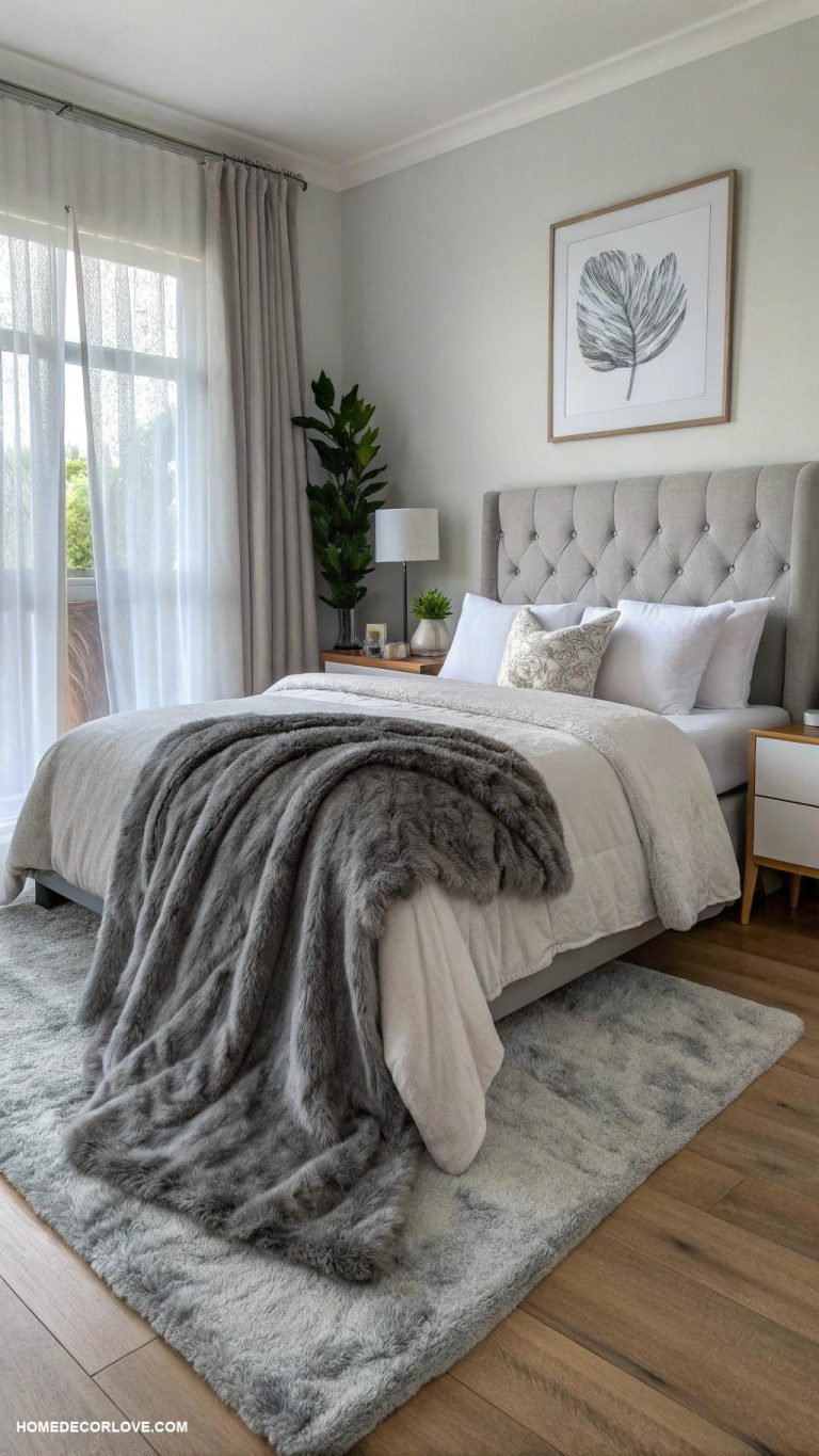 grey bedroom ideas Faux fur grey throw on the bed