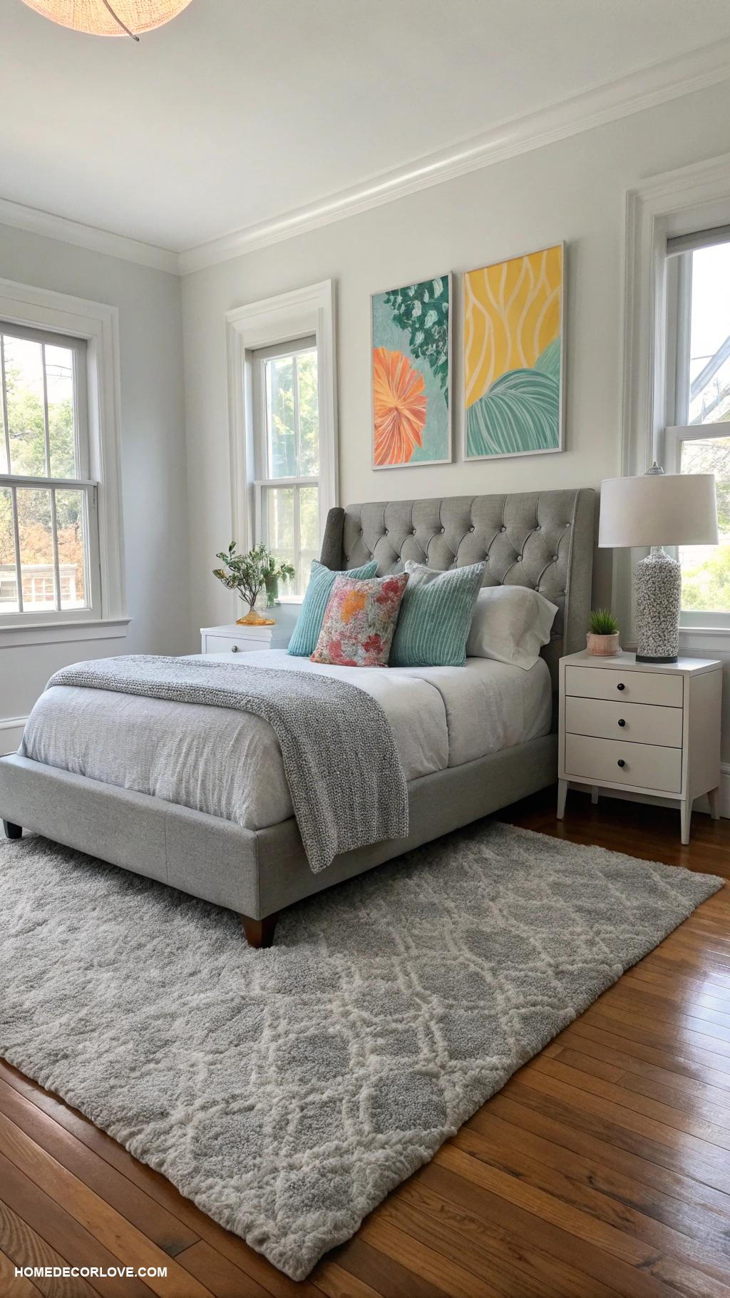 grey bedroom ideas Grey rug paired with colorful artwork