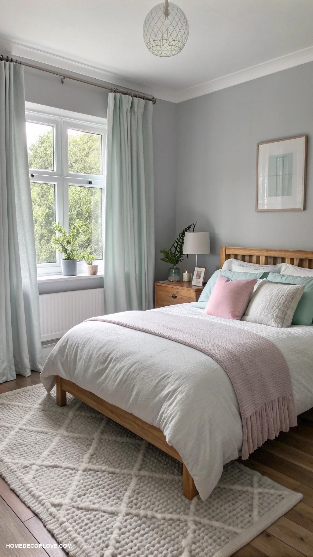 grey bedroom ideas Light grey curtains with pastel accents
