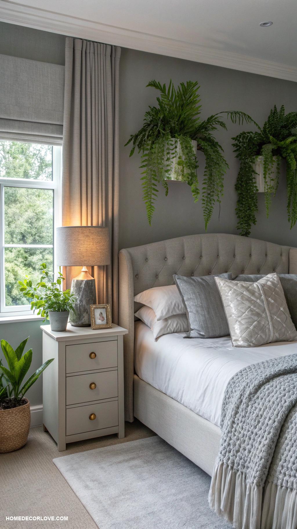 grey bedroom ideas Muted grey tones with lush greenery