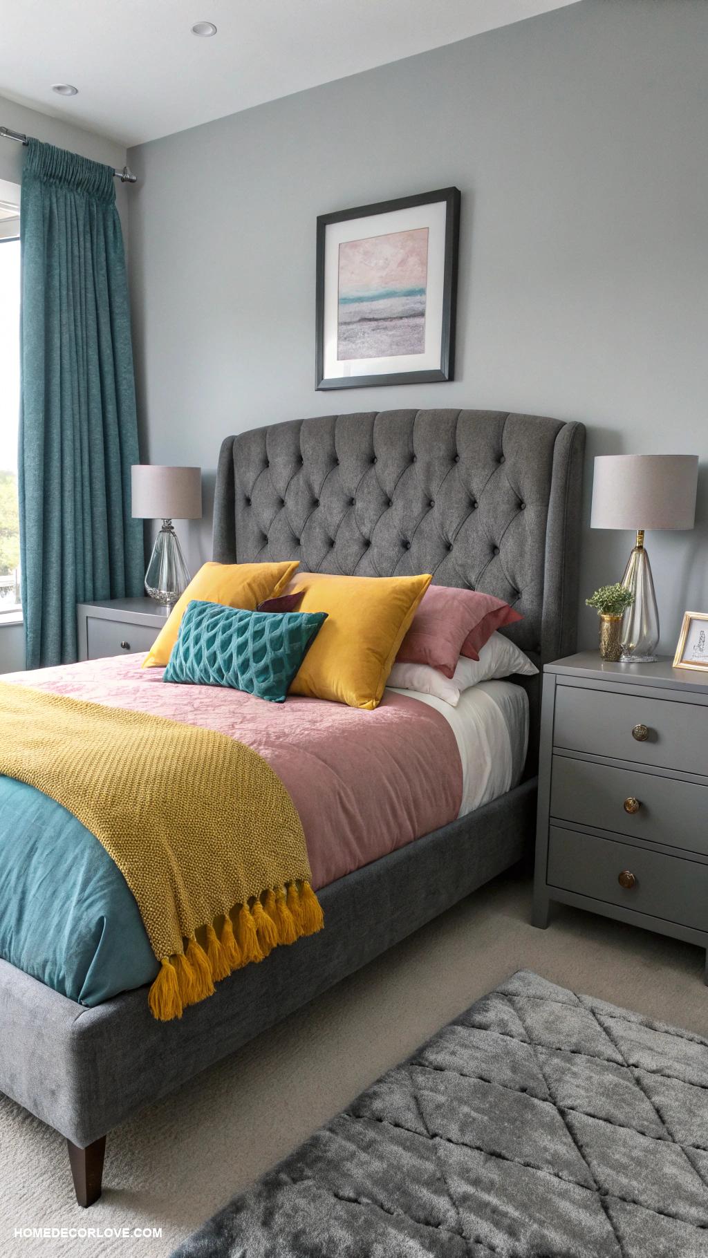 grey bedroom ideas Slate grey furniture with bright cushions
