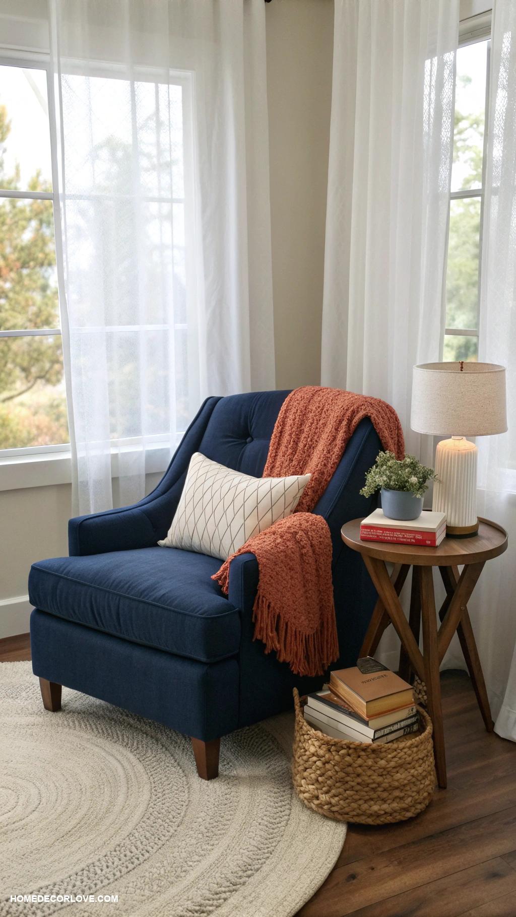 navy blue bedroom ideas Navy blue accent chair in reading nook