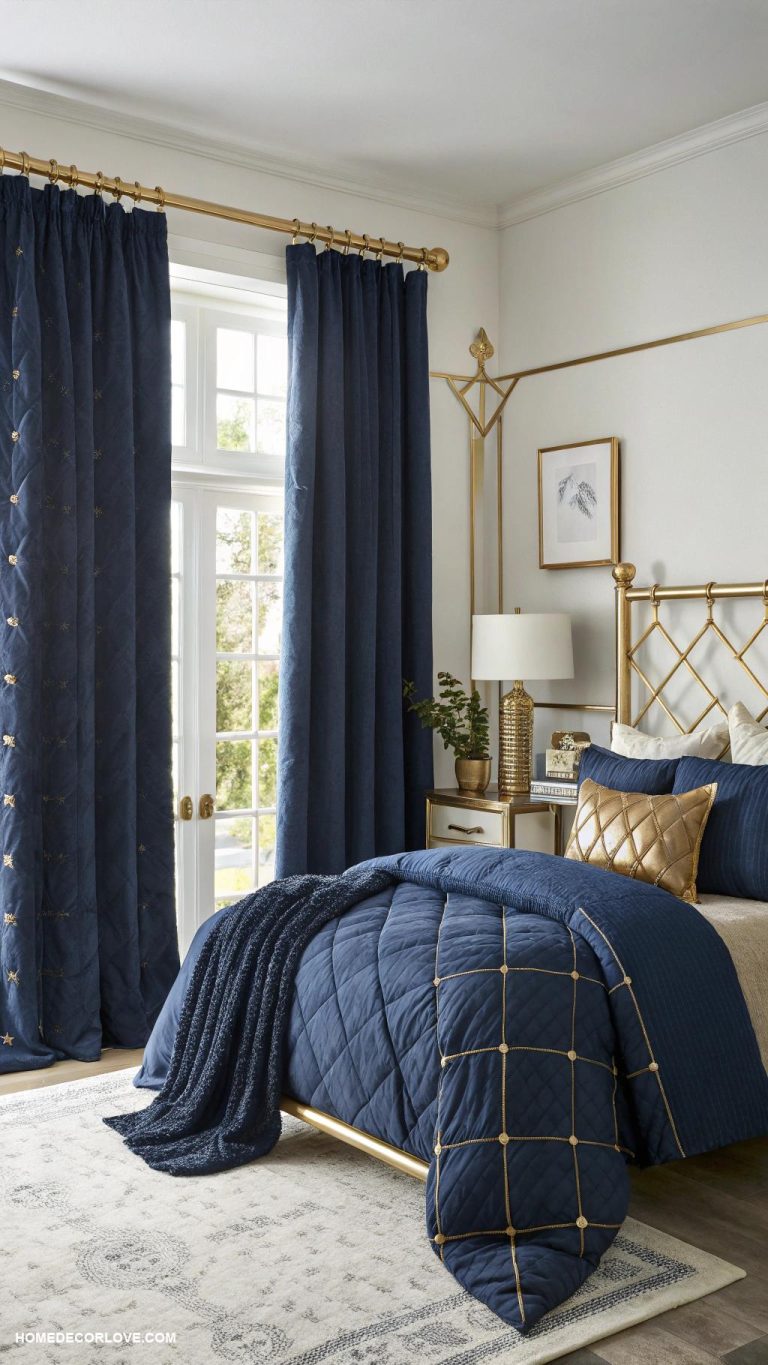 navy blue bedroom ideas Navy blue curtains paired with gold accents