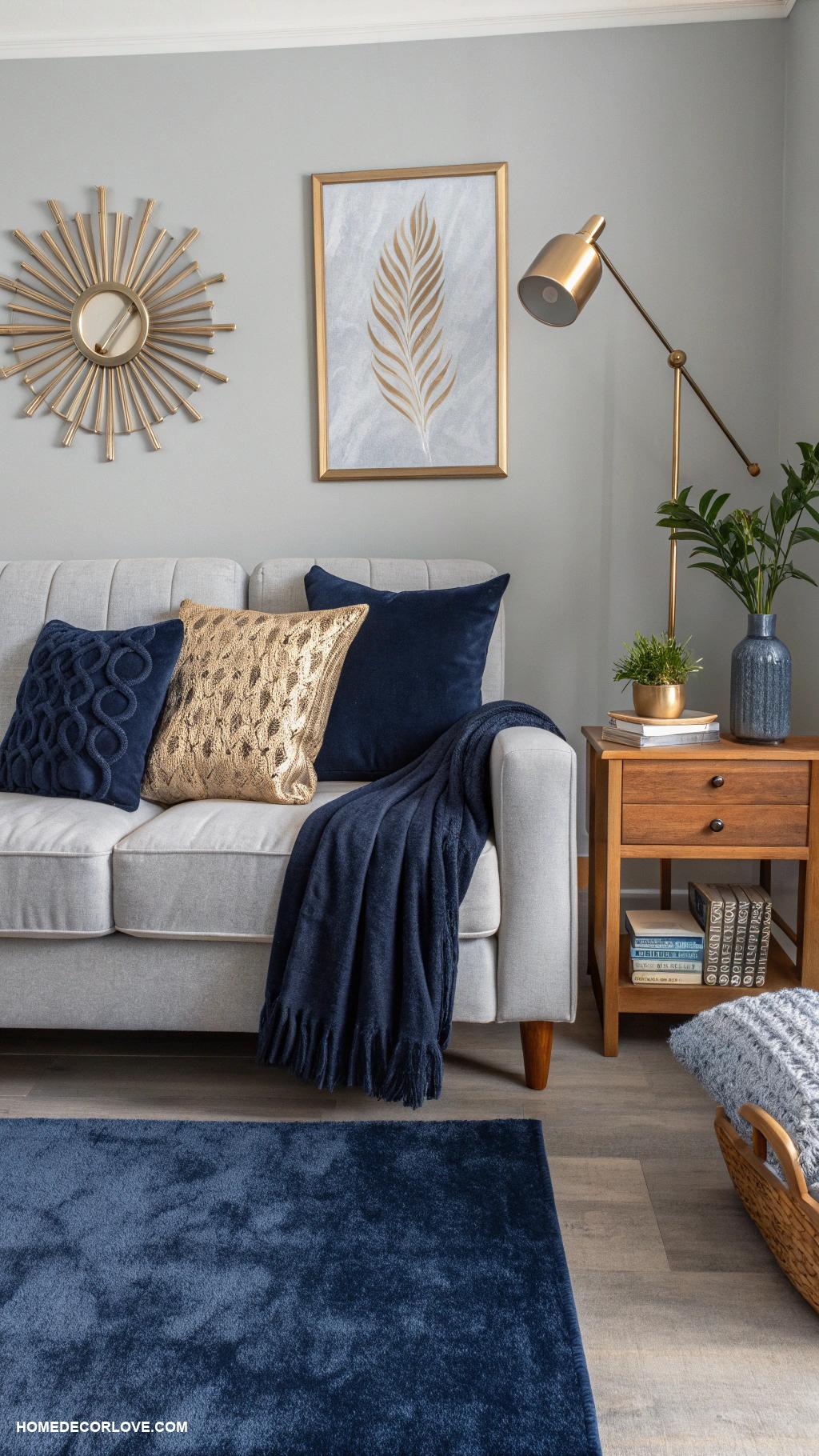navy blue bedroom ideas Navy blue throw pillows on a grey sofa