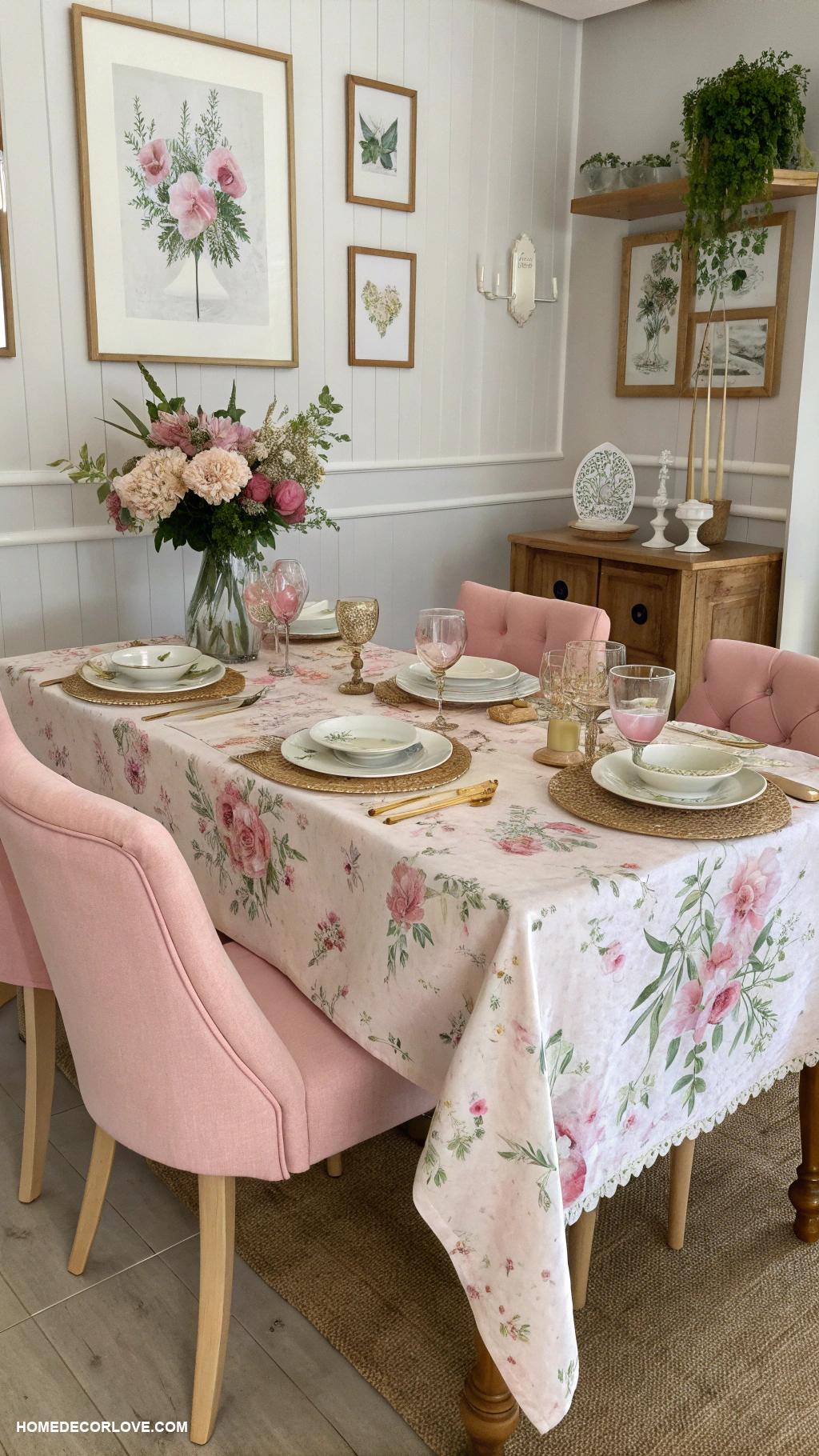 pink dining room ideas Floral pink tablecloth for a cheerful vibe