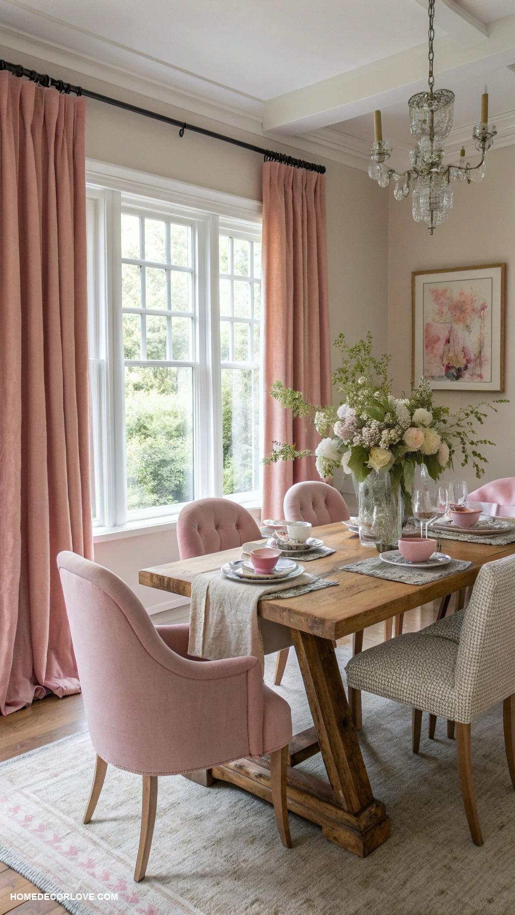 pink dining room ideas Muted pink curtains to soften light