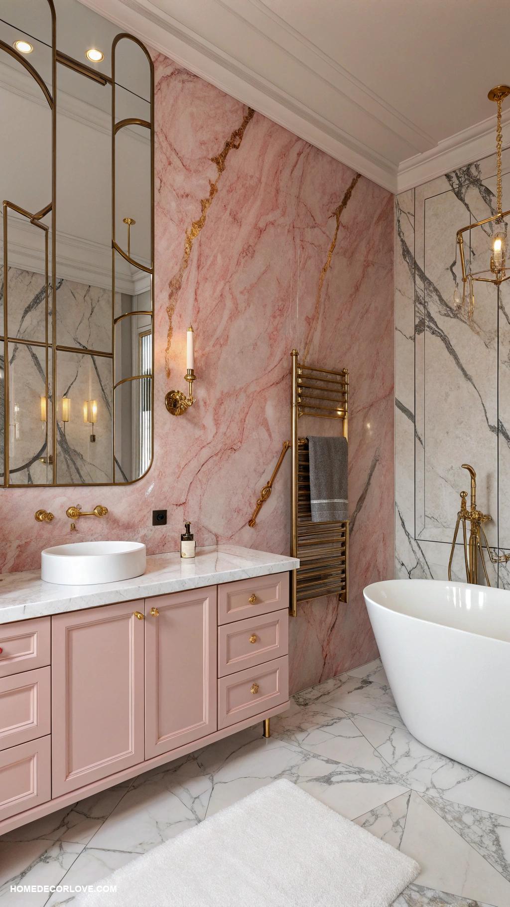 pink marble bathroom ideas Pink marble accent wall with gold fixtures