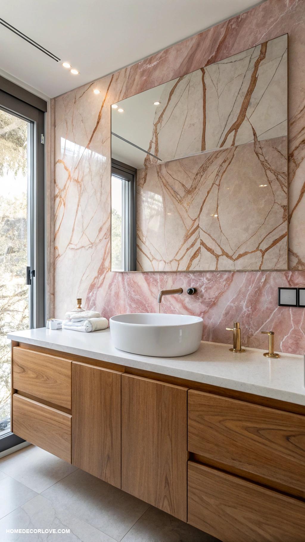 pink marble bathroom ideas Pink marble backsplash behind the sink