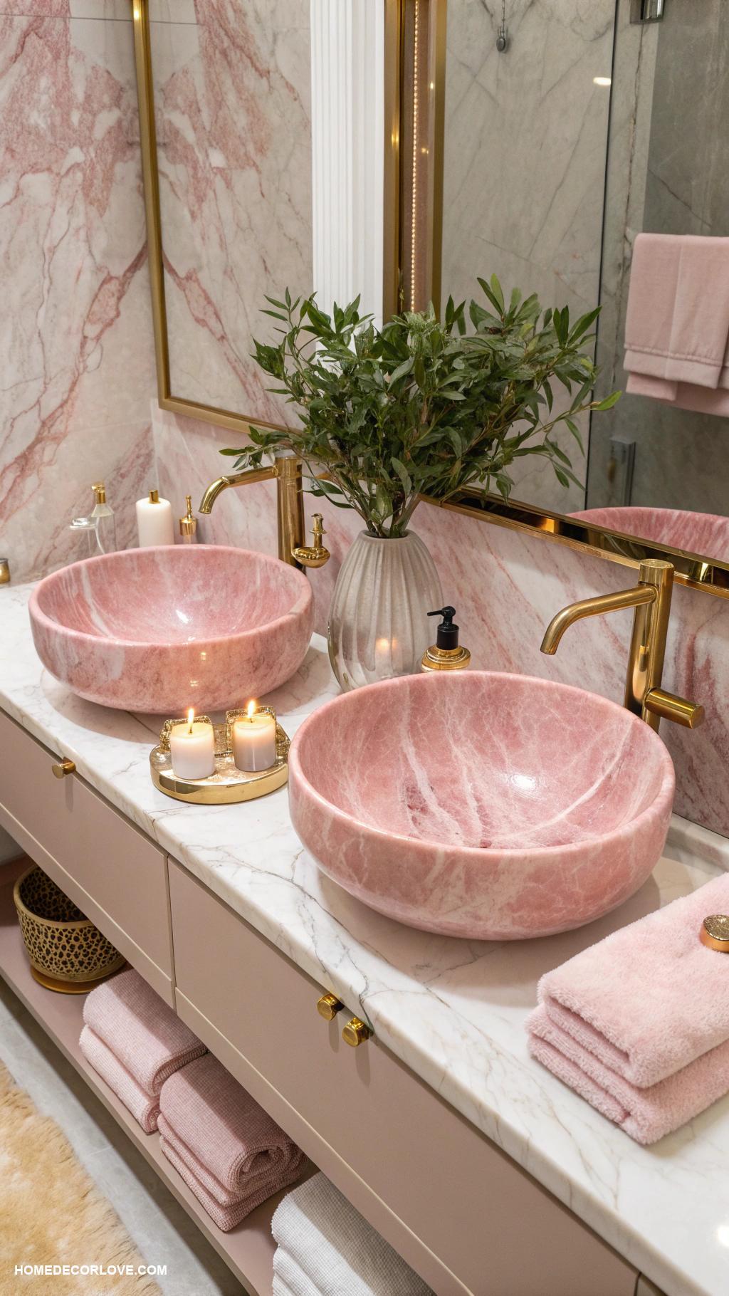 pink marble bathroom ideas Pink marble sinks paired with brass taps