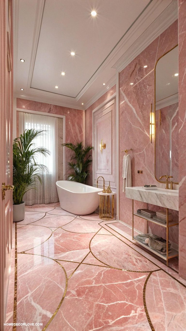 pink marble bathroom ideas Pink marble tile flooring with neutral rugs