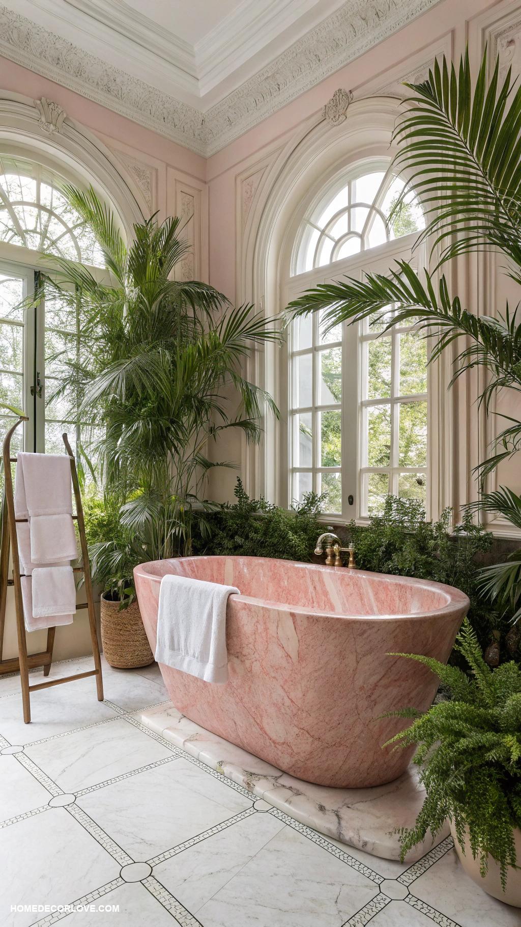 pink marble bathroom ideas Pink marble tub surrounded by greenery