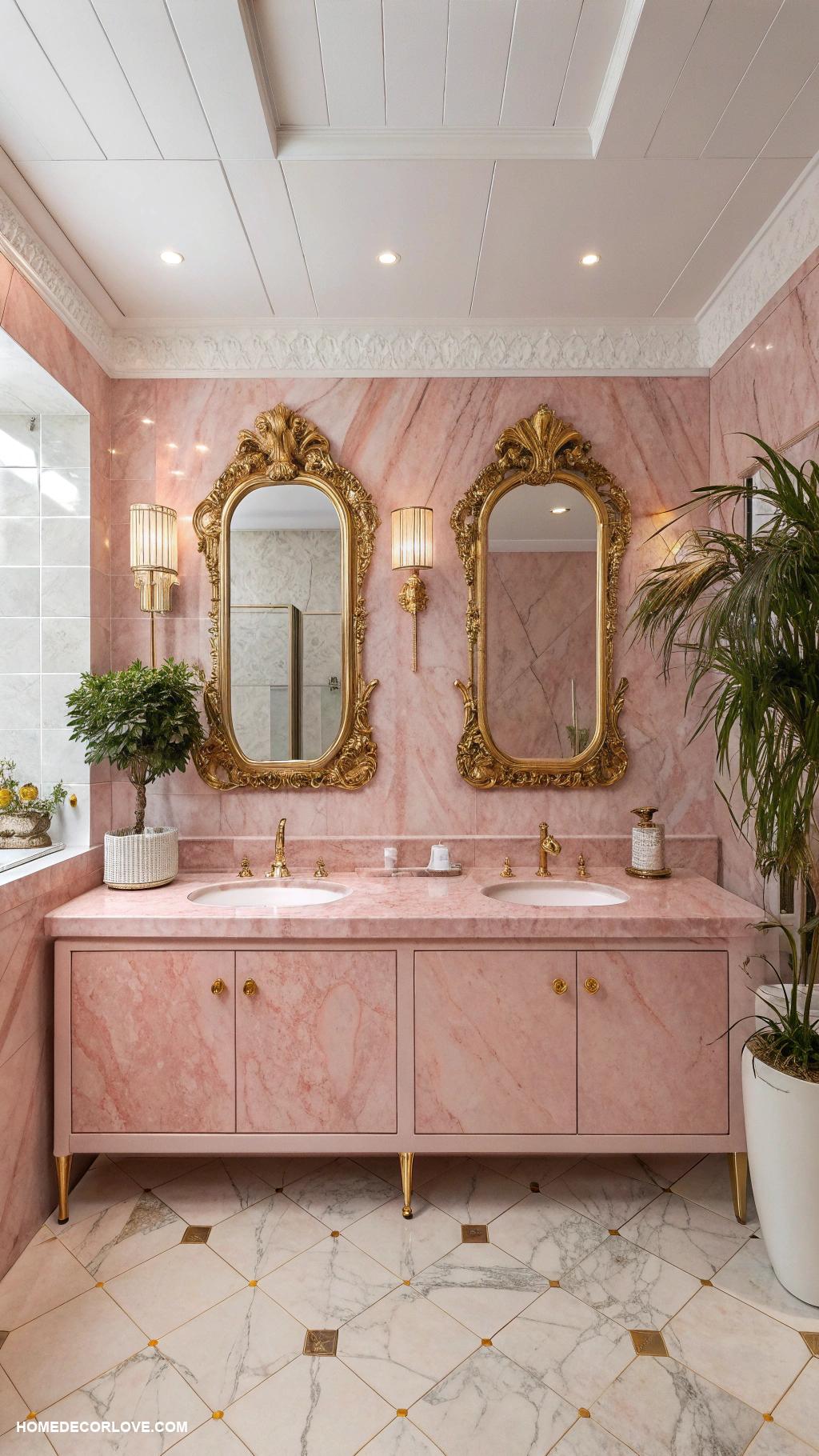 pink marble bathroom ideas Pink marble vanity with vintage mirrors