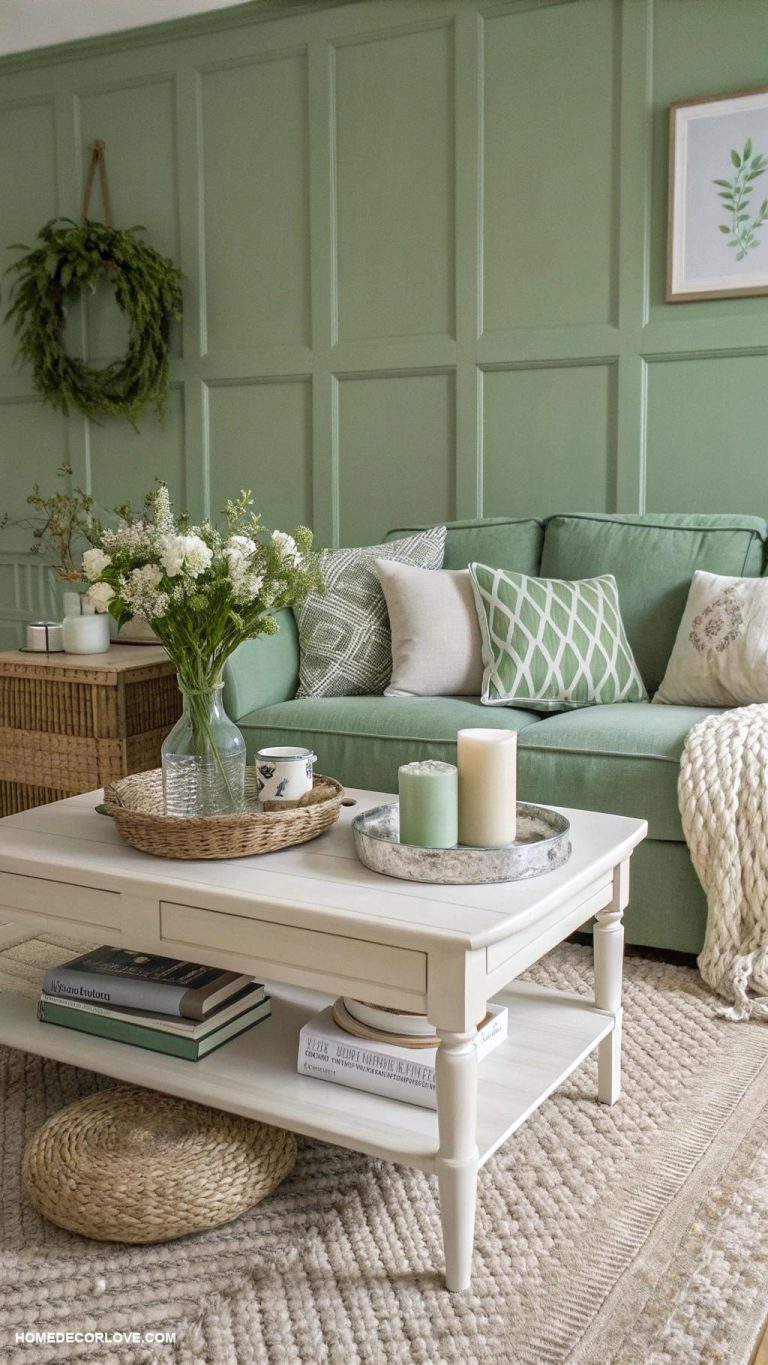 sage green and cream living room ideas Cream coffee table with sage green accessories