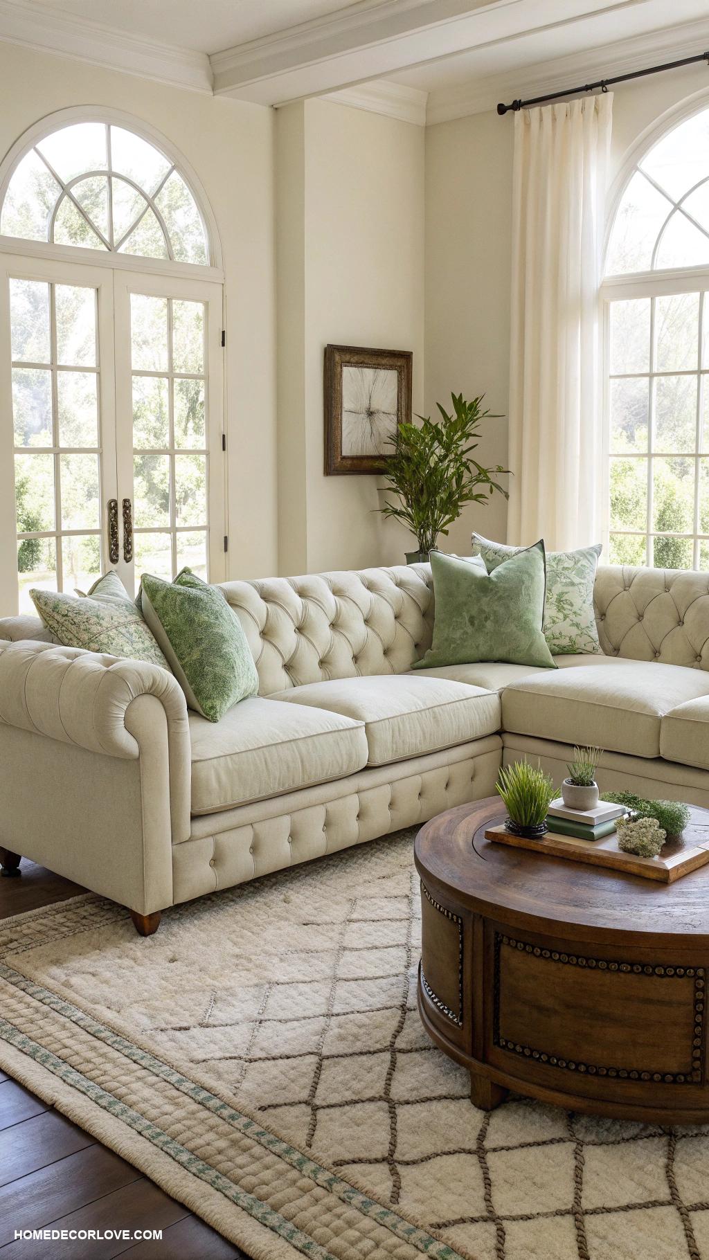 sage green and cream living room ideas Cream sectional sofa with sage green pillows