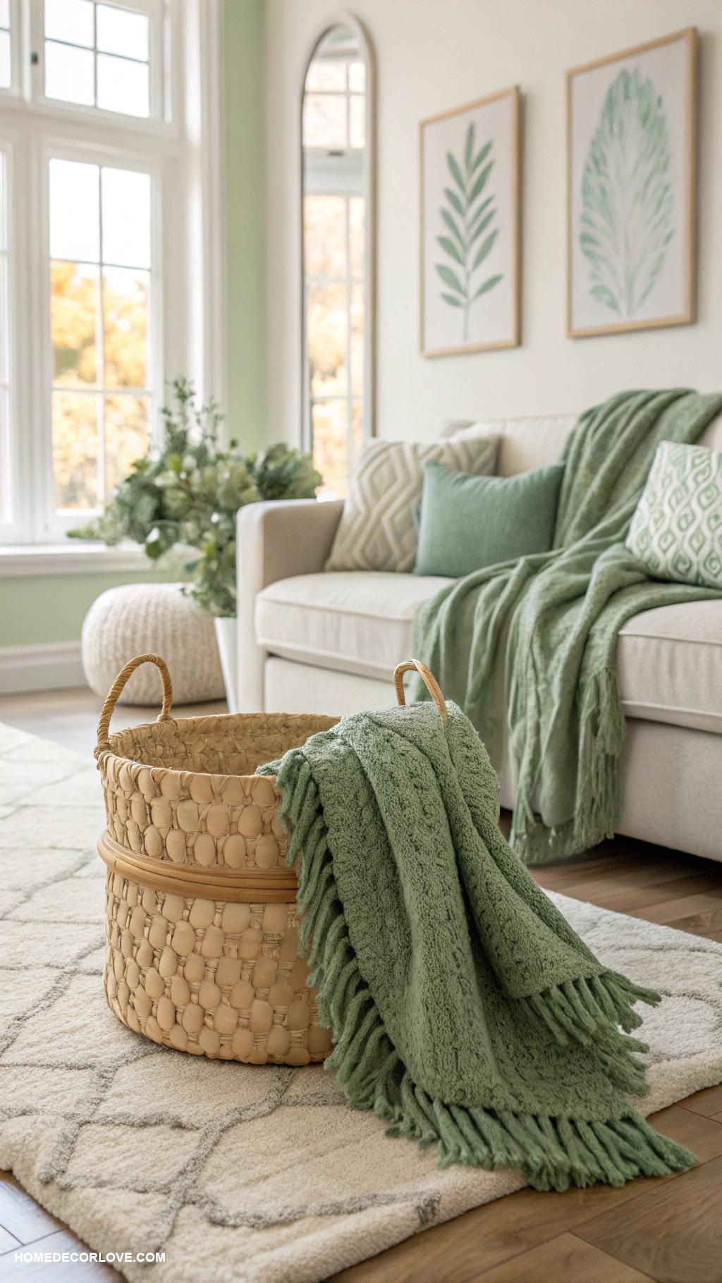 sage green and cream living room ideas Cream woven basket with sage green throw