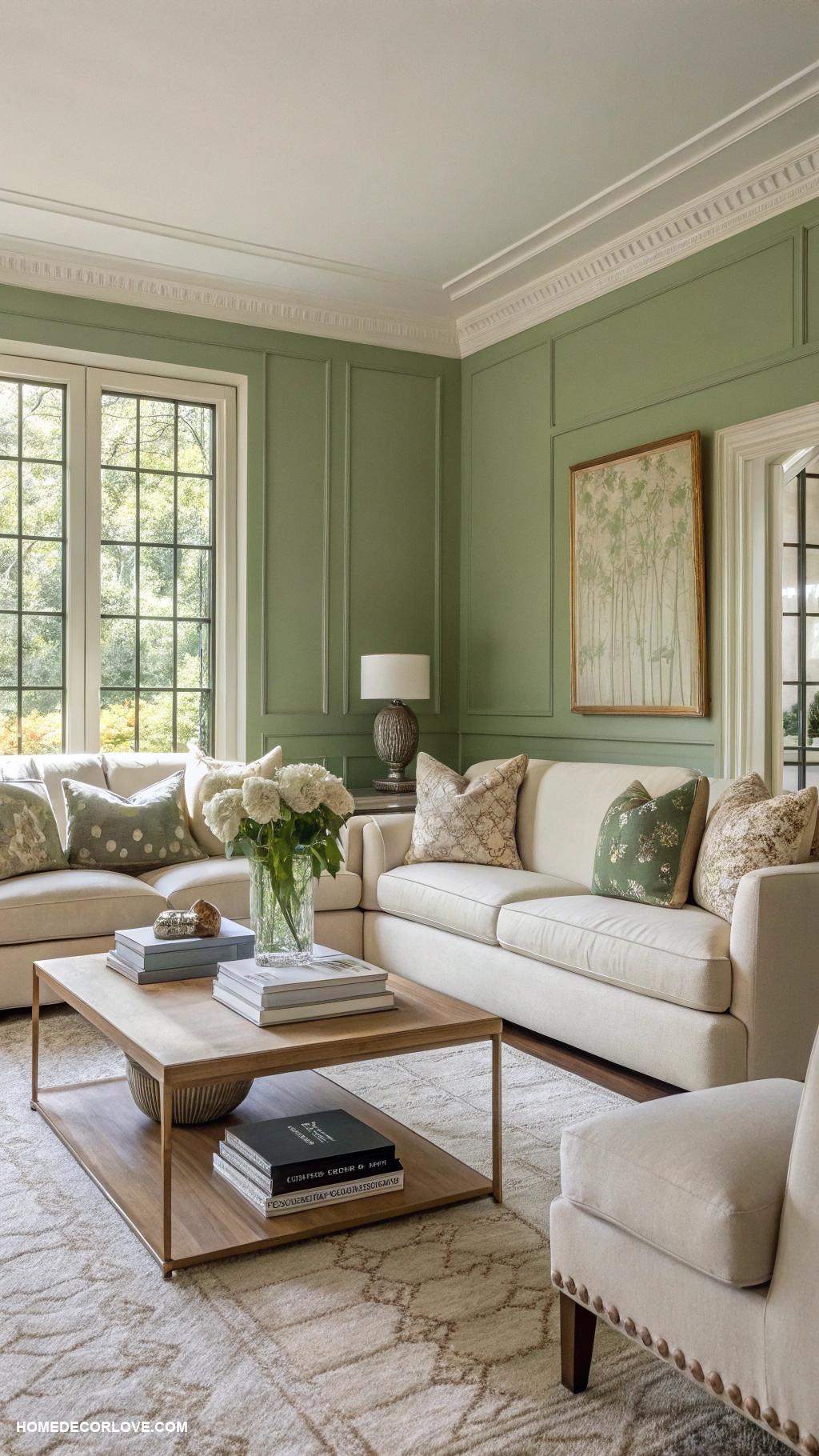 sage green and cream living room ideas Sage green accent wall with cream furniture