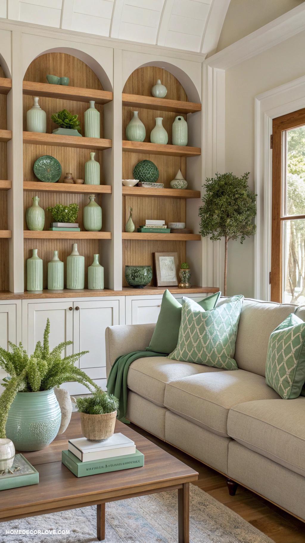 sage green and cream living room ideas Sage green decorative vases on cream shelves