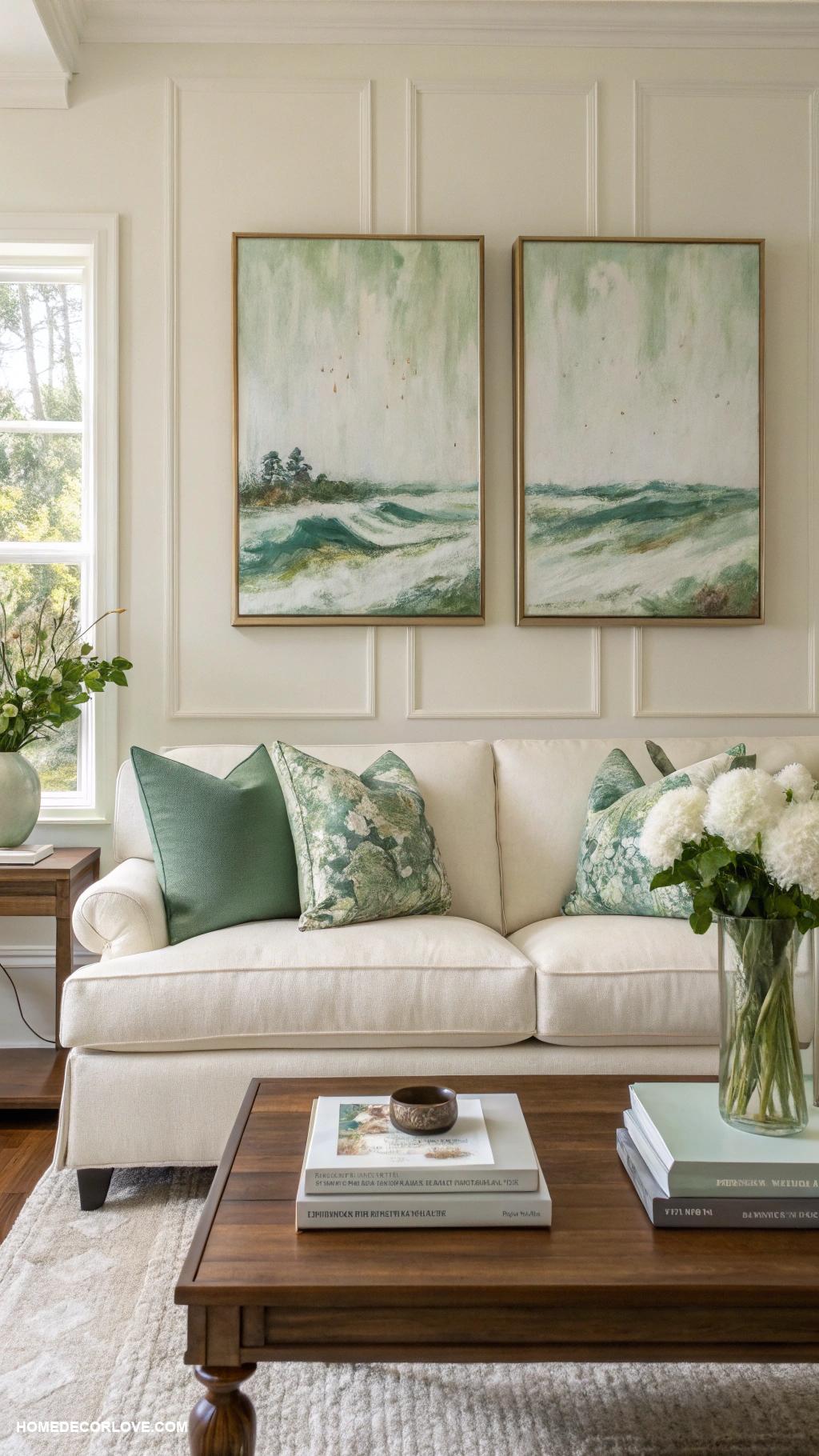 sage green and cream living room ideas Sage green wall art against cream backdrop