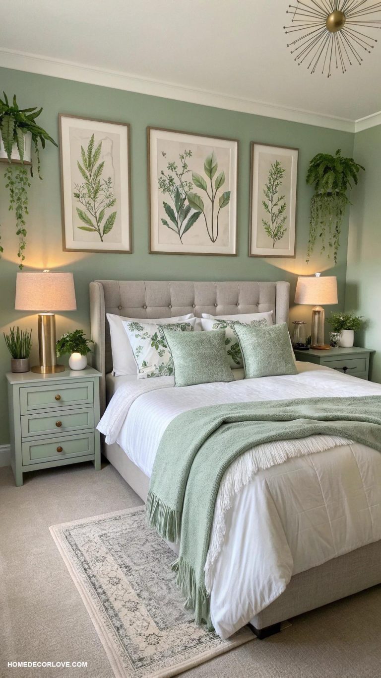 sage green and grey bedroom ideas Grey nightstands with sage green lamps