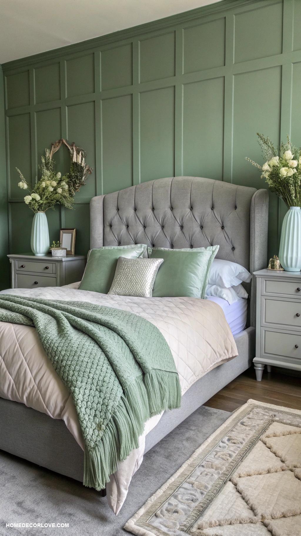 sage green and grey bedroom ideas Grey upholstered bed frame with sage green decor