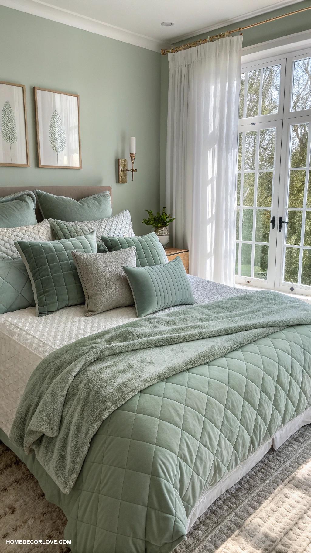 sage green and grey bedroom ideas Layered sage green and grey throw pillows