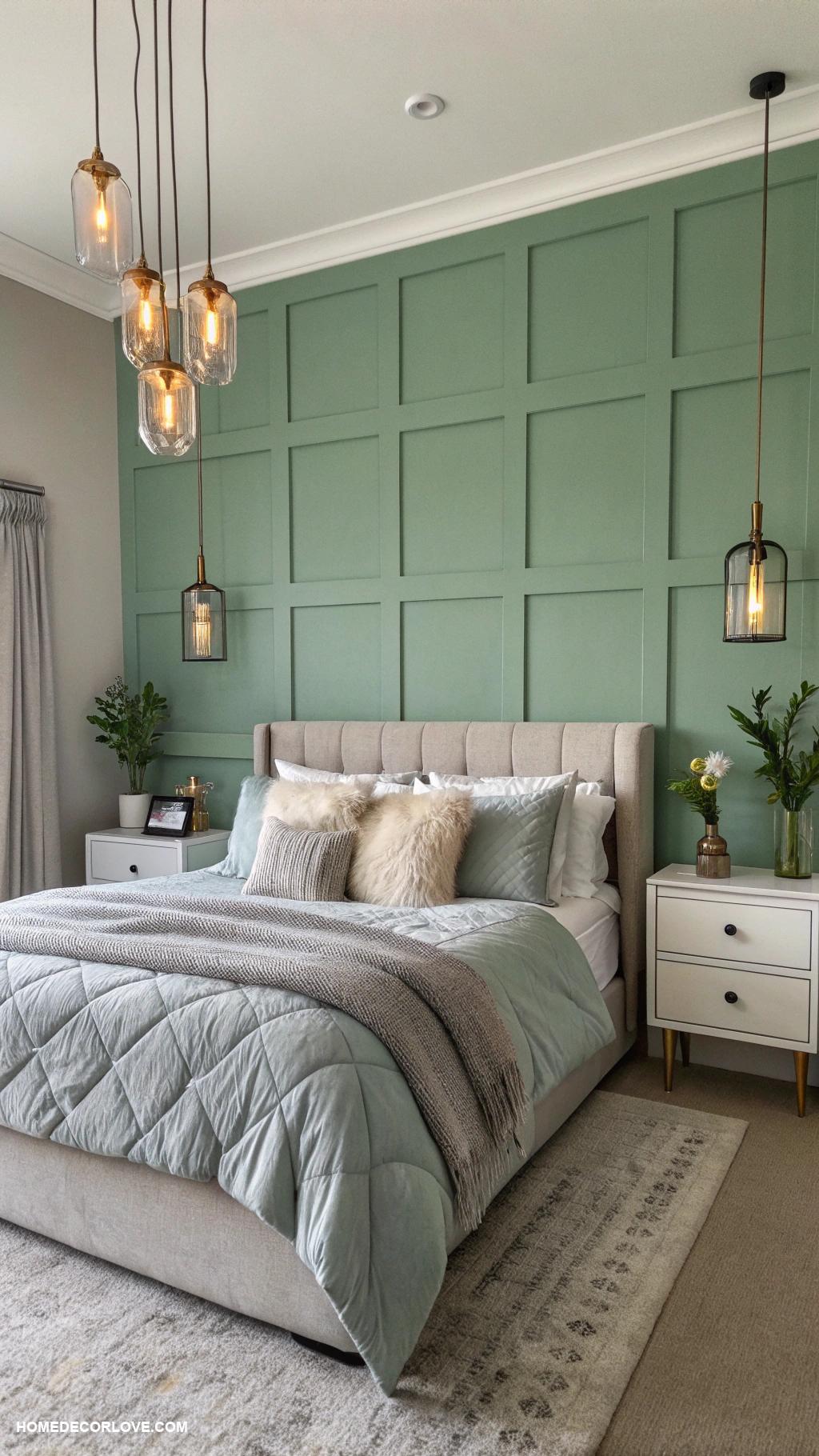sage green and grey bedroom ideas Sage green accent wall with grey bedding