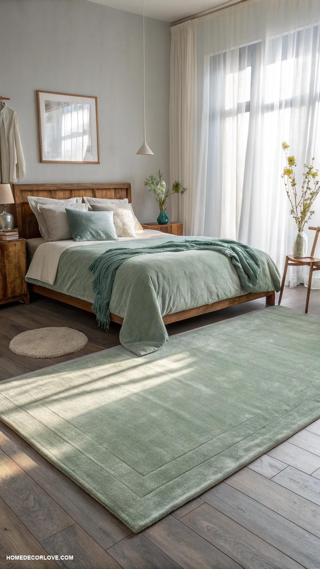 sage green and grey bedroom ideas Sage green area rug over grey hardwood flooring
