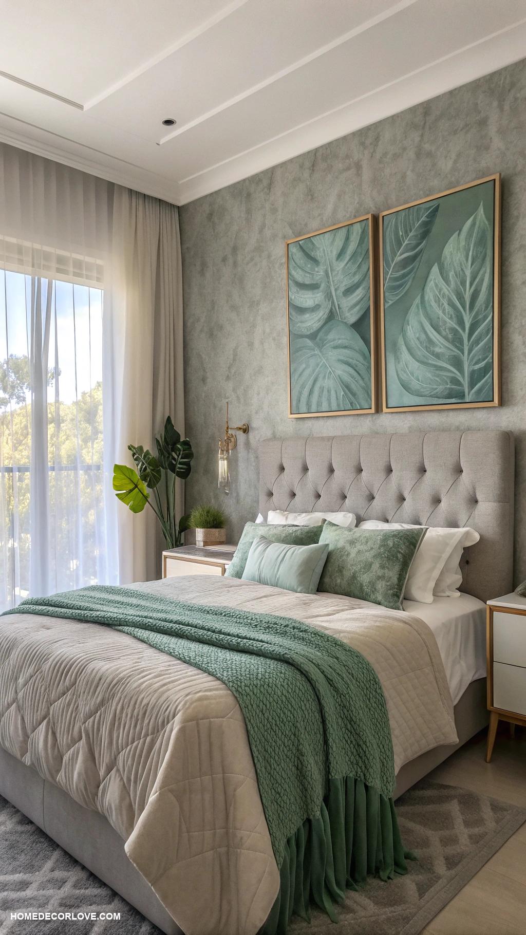 sage green and grey bedroom ideas Sage green artwork on grey feature wall