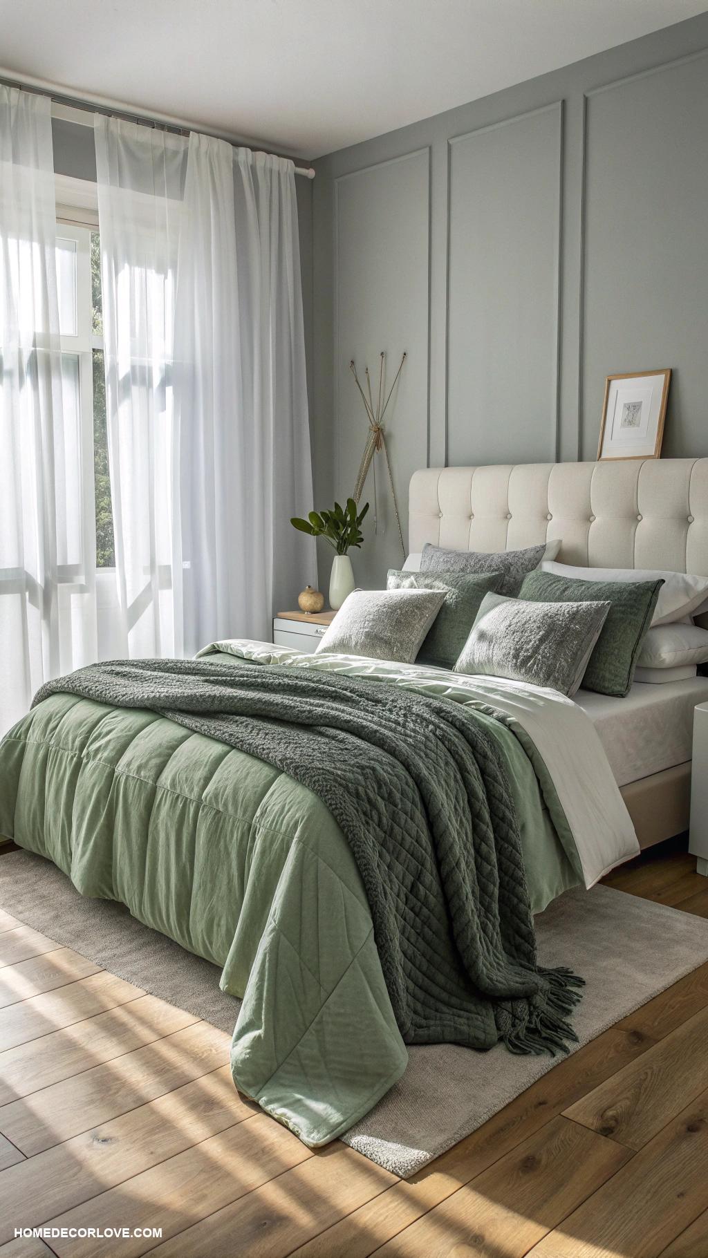 sage green and grey bedroom ideas Sage green bedspread with grey textured throws