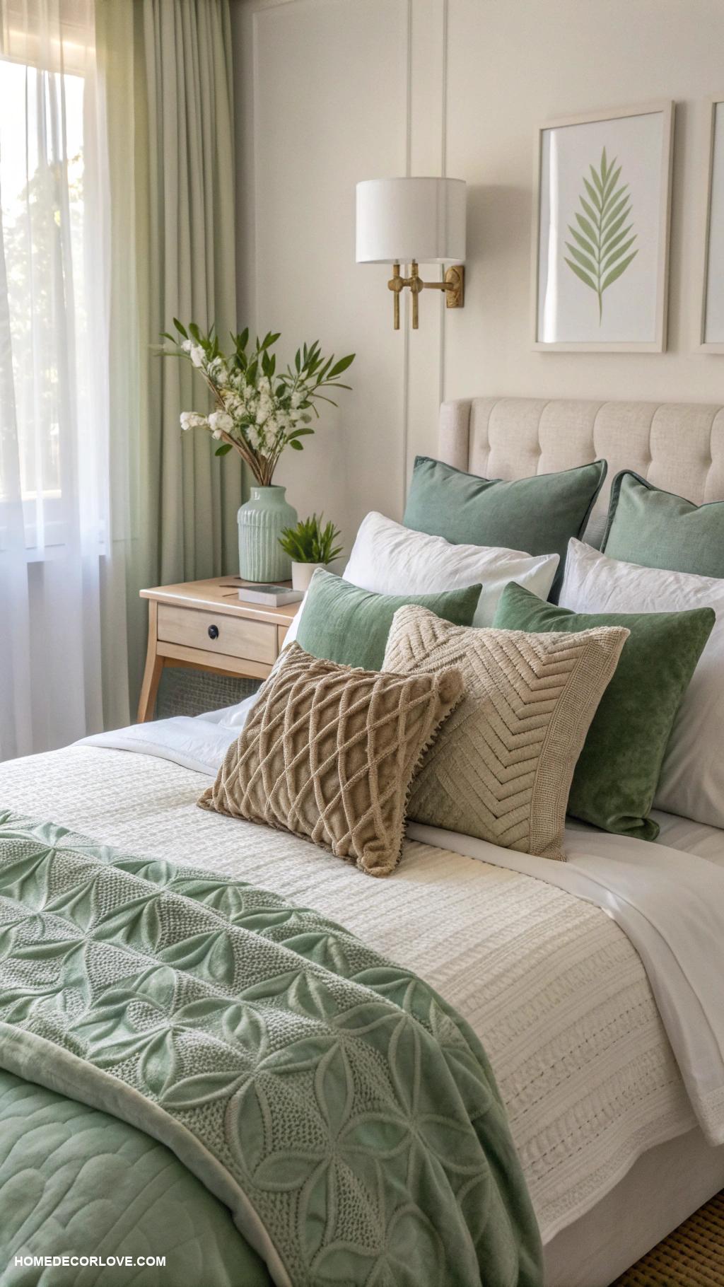 sage green bedroom Accent pillows in varying shades of sage