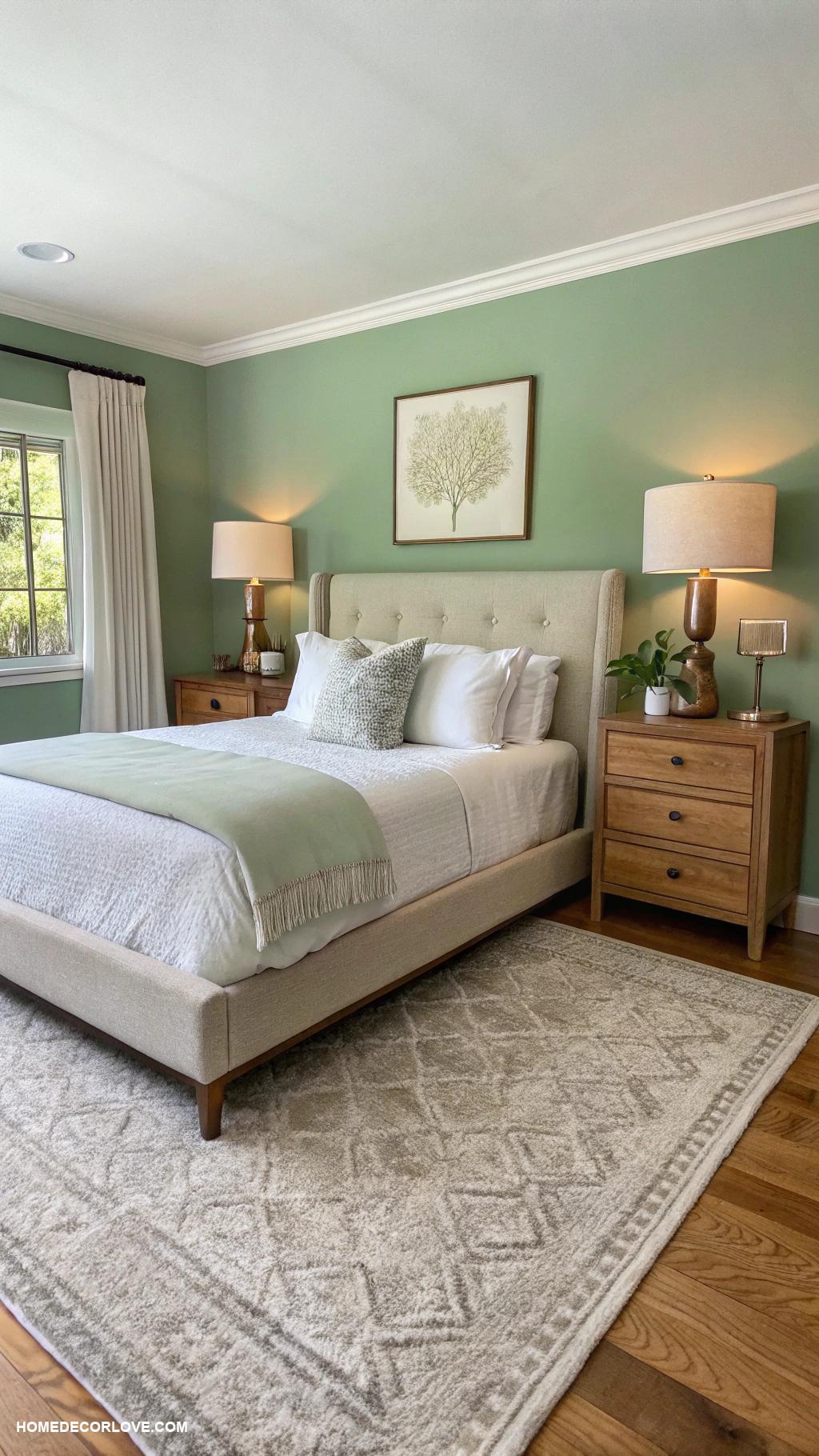 sage green bedroom Sage area rug with neutral furniture