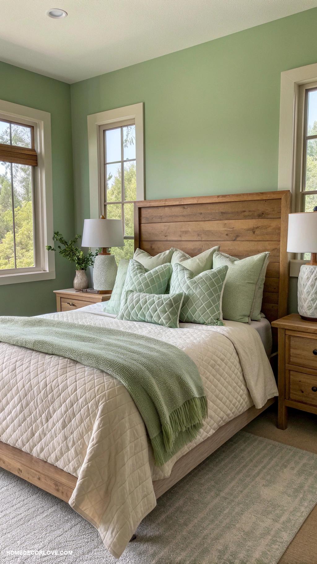 sage green bedroom Sage bedding with natural wood accents