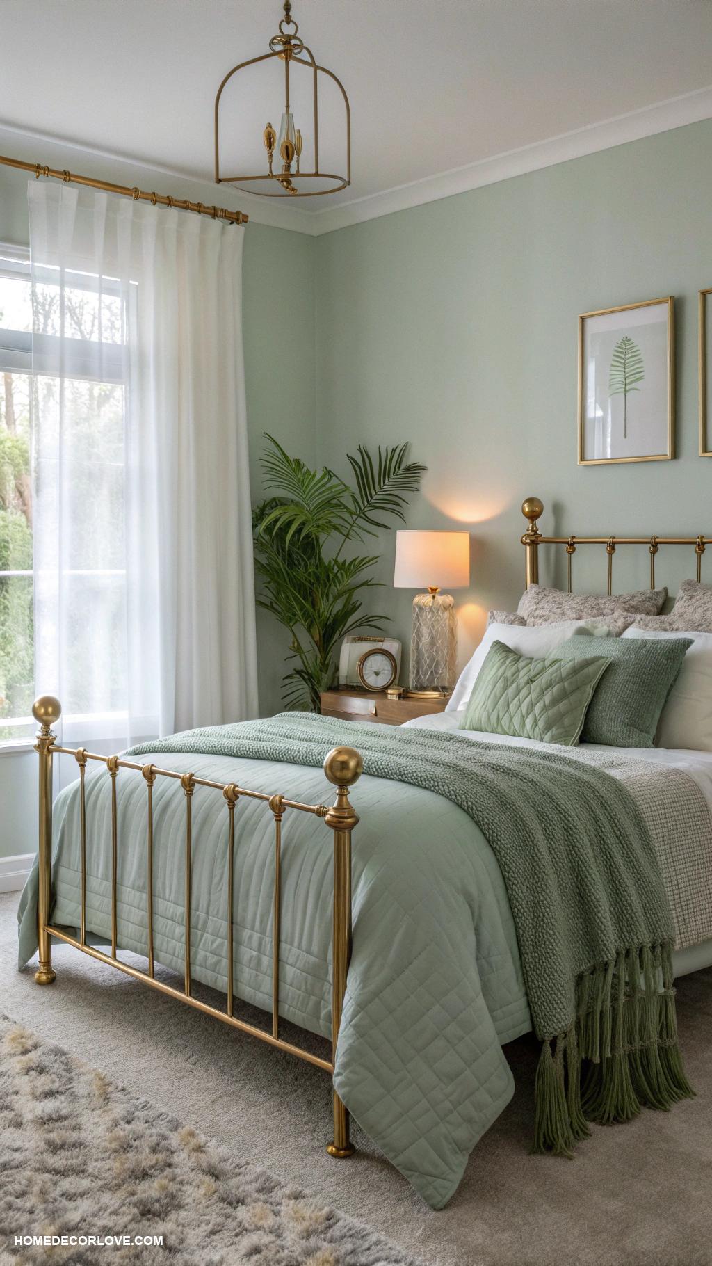 sage green bedroom Sage green accents with brass hardware