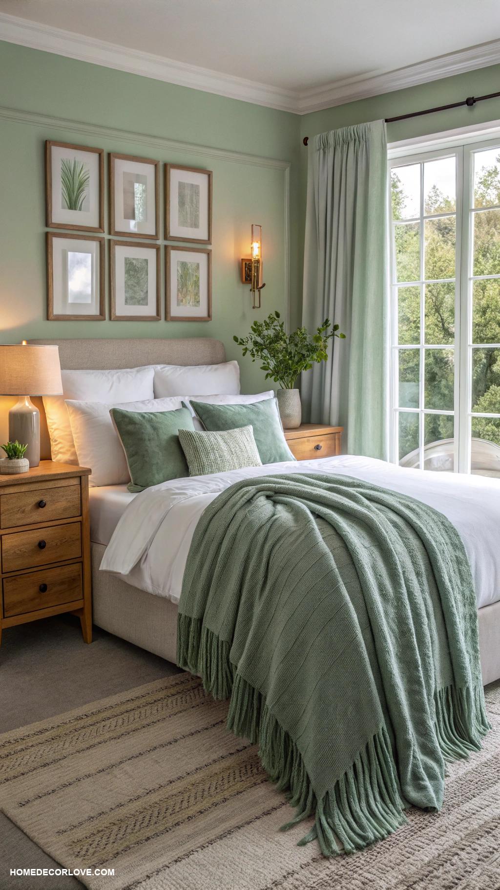 sage green bedroom Sage green throw blanket on the bed