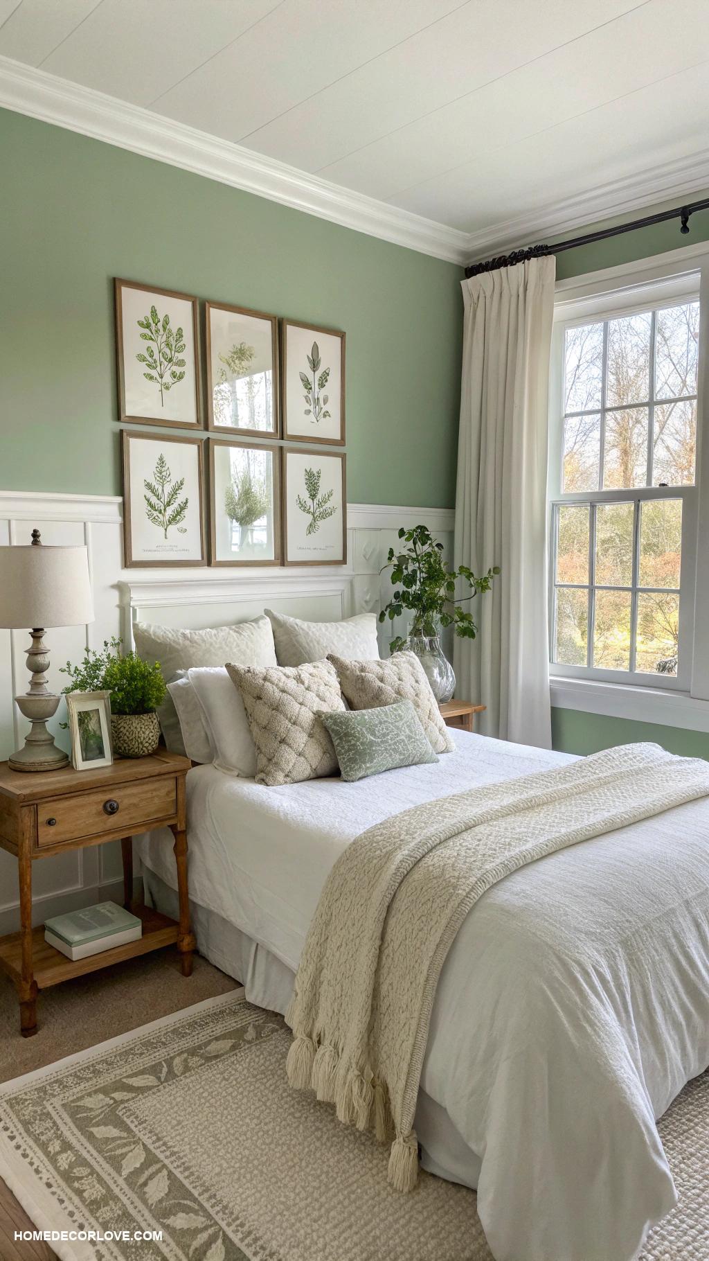 sage green bedroom Sage green walls with white trim