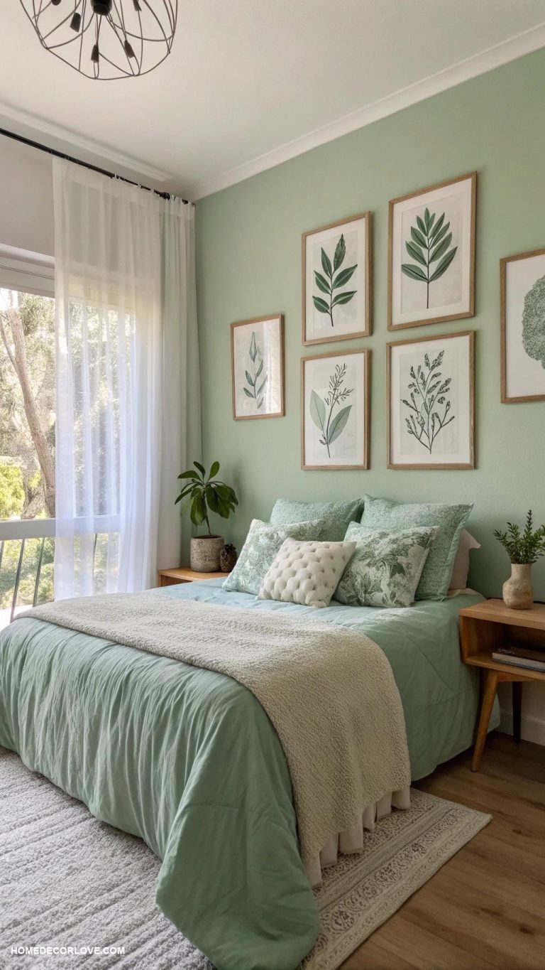 sage green bedroom Sage wall art for a calming effect