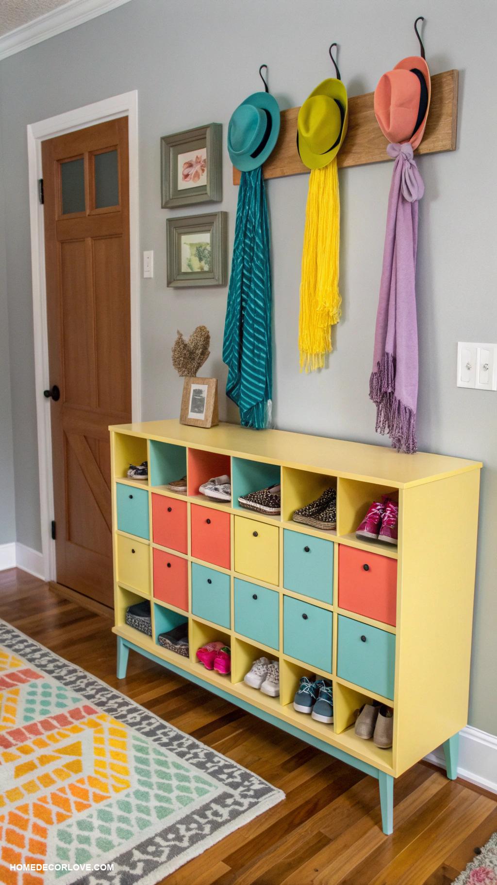 shoe cabinet entryway ideas Colorful cubbies for a fun pop