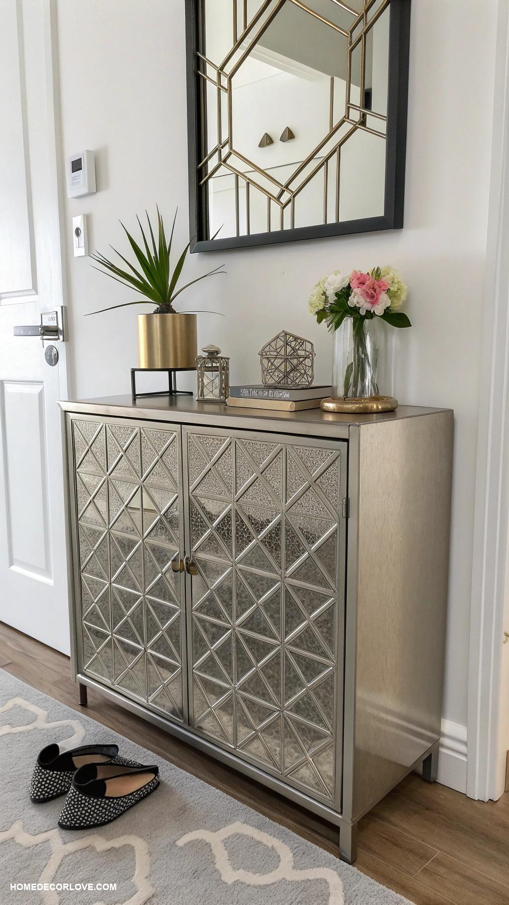 shoe cabinet entryway ideas Metallic accent cabinet for modern flair